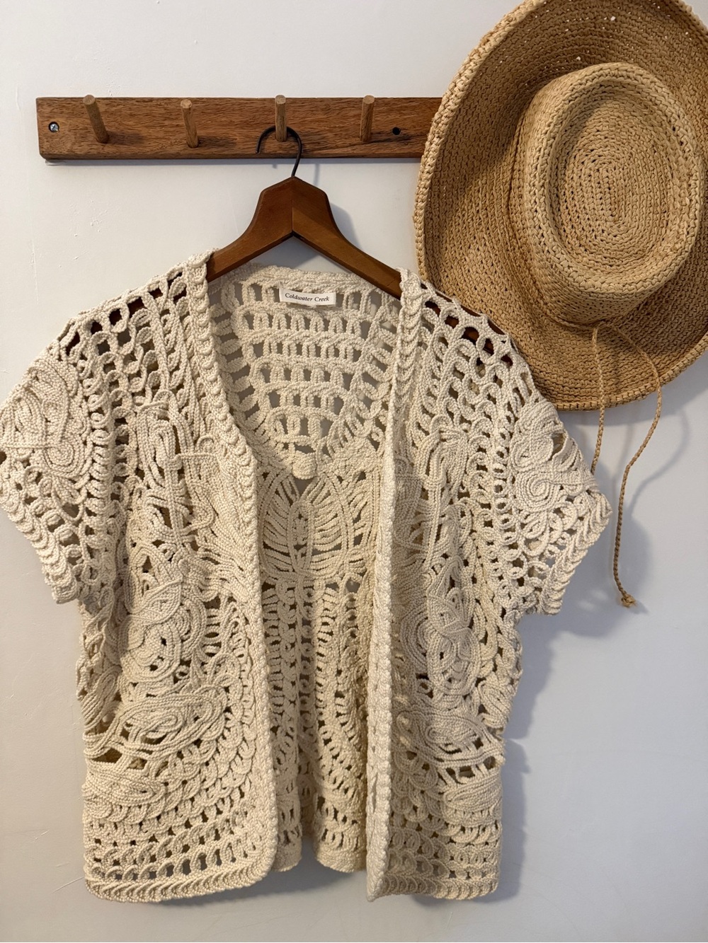 Coldwater Creek Crochet Short-Sleeve Cardigan Sweater - Cream, Large